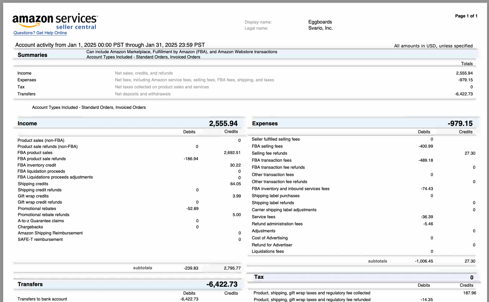 Amazon Payments Report for my brand Eggboards in Jan 2025