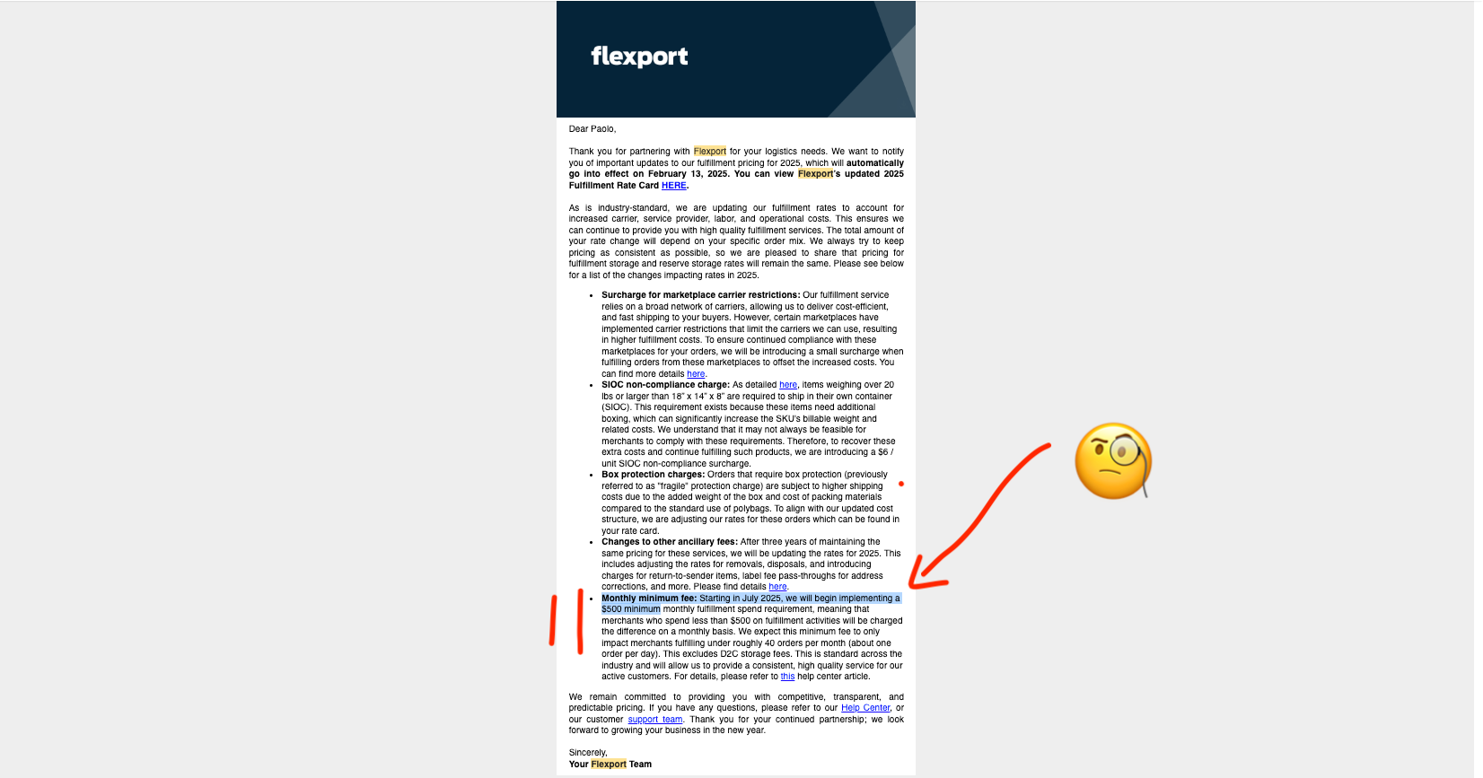 Flexport sent an email about their new fees but the $500 fee was not very evident