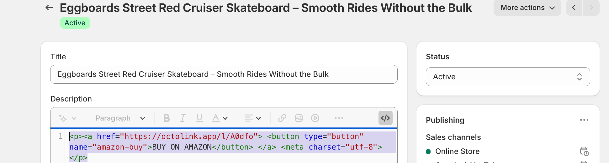 This code snippet creates a yellow BUY ON AMAZON button that takes customers to Amazon