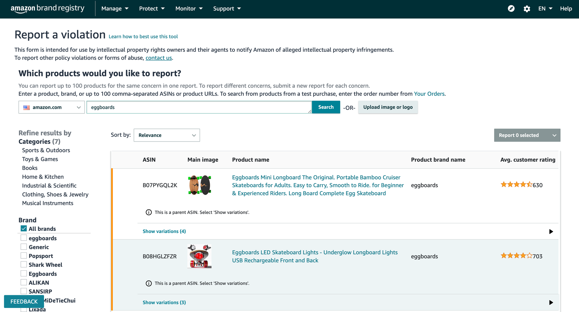 Amazon Brand Registry - Report a Violation Tool