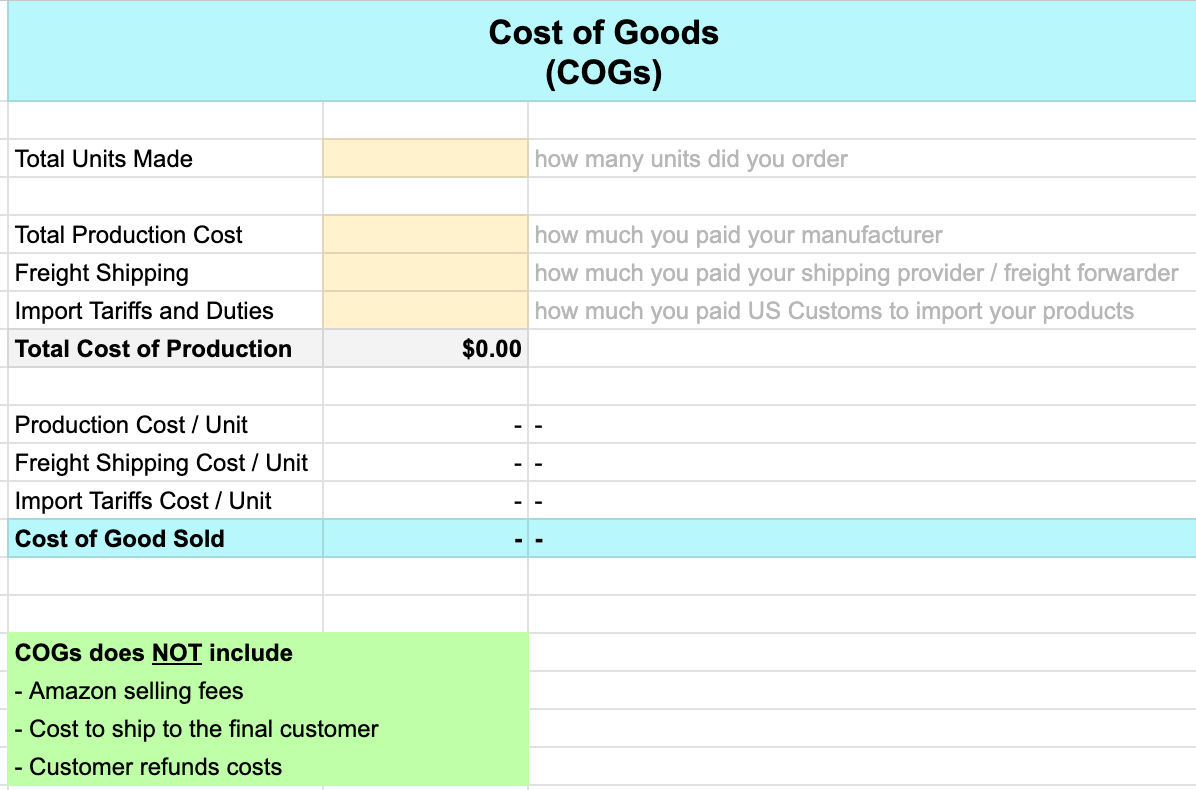 Cost of Goods Sold calculator on Google Sheet