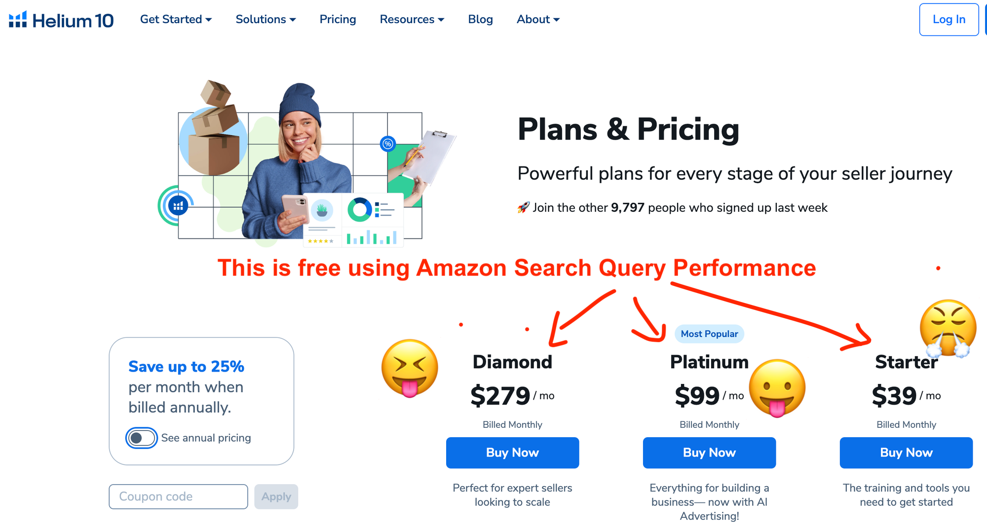 Pricing page from Helium 10 compared with free options from Amazon Search Query Performance