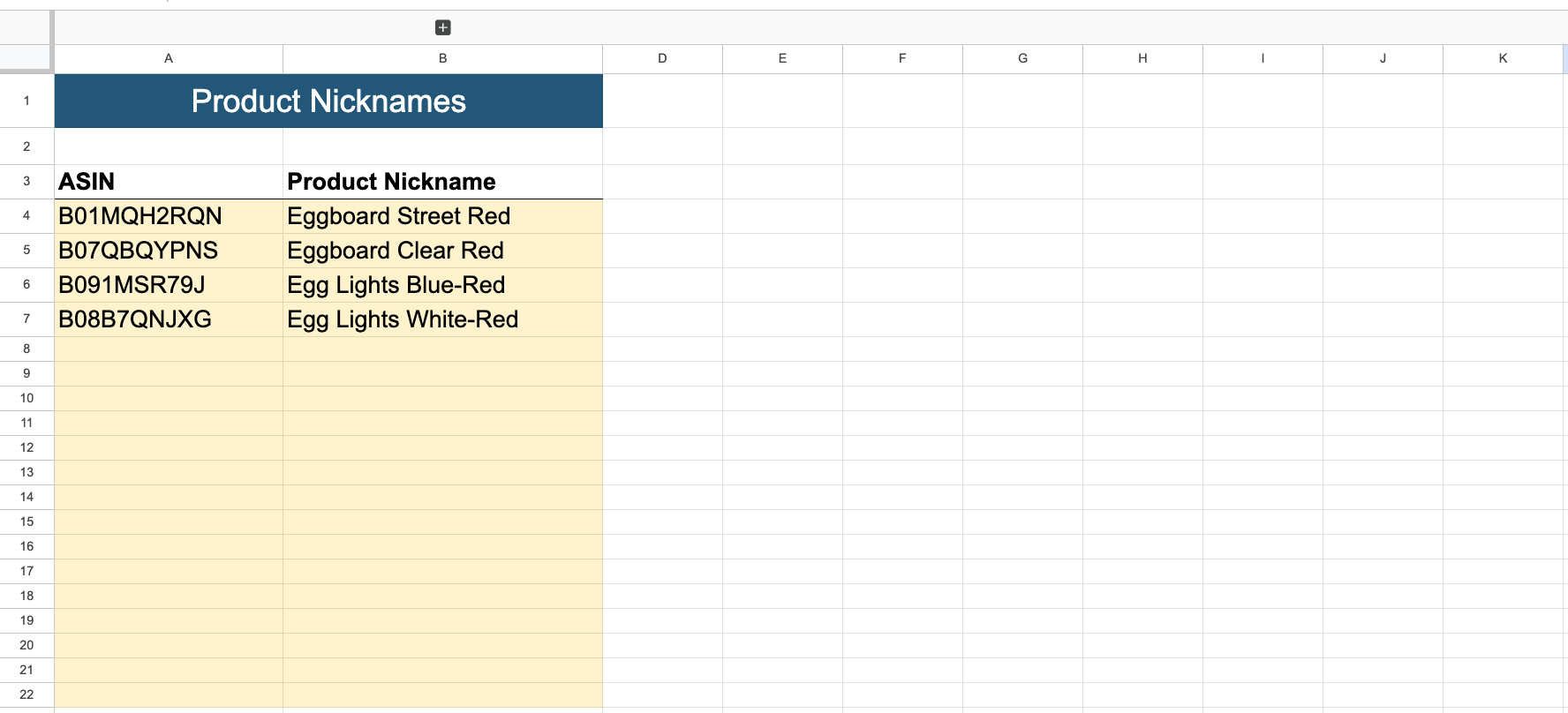 Add your product ASIN and nicknames to the spreadsheet